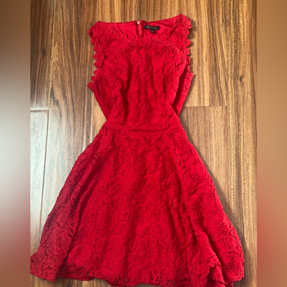 Gently used red party dress flowered pretty detailed